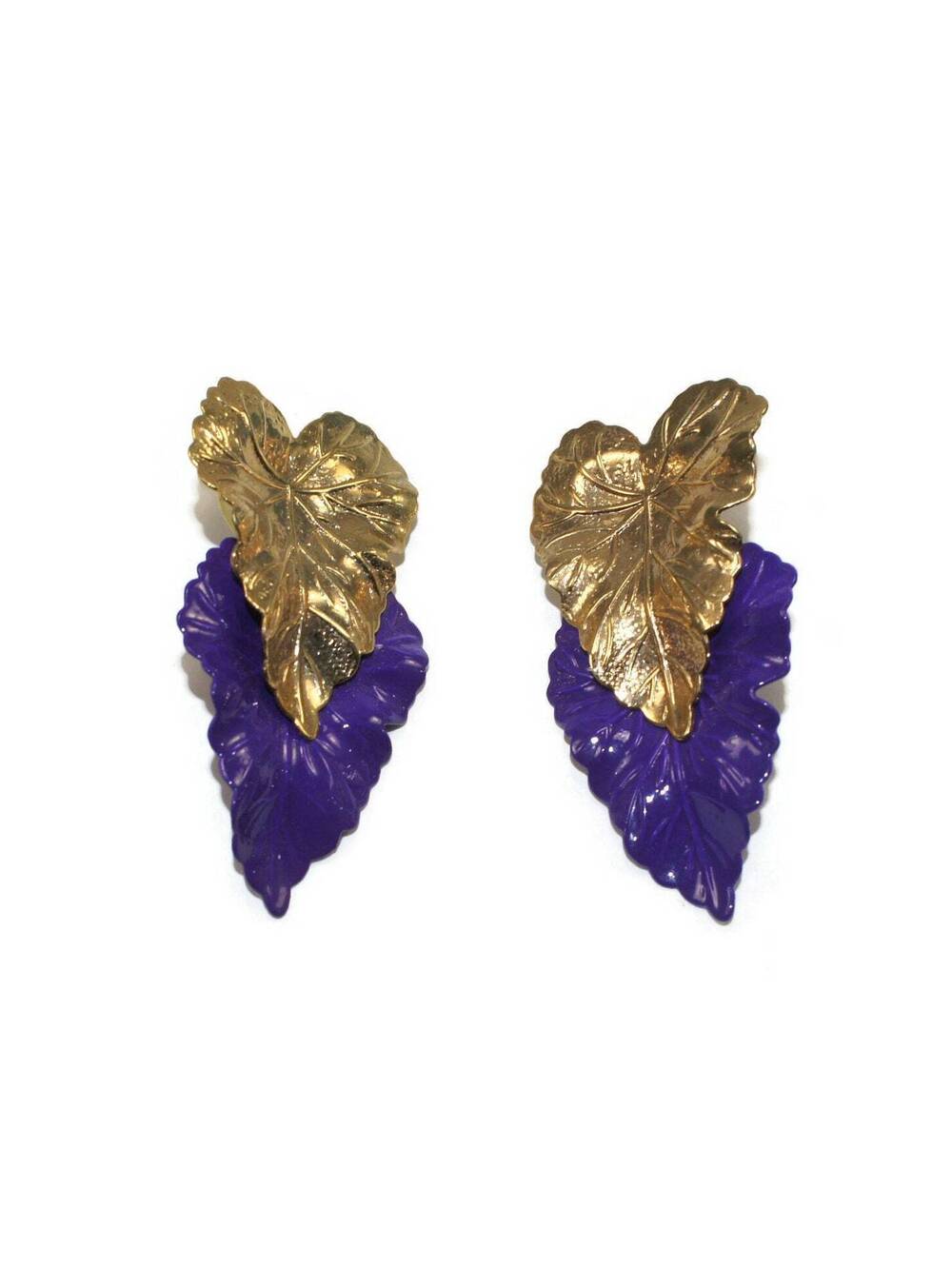 Vintage Gold Tone and Purple Enamel Leaf Stud Earrings.